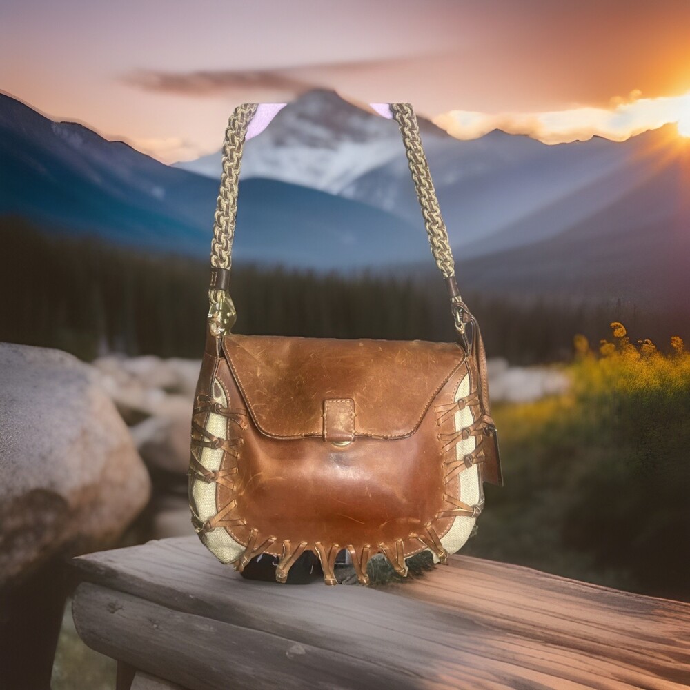 Gryson Distressed Brown Leather Canvas Whipstitch Crossbody Hobo Bag Rustic